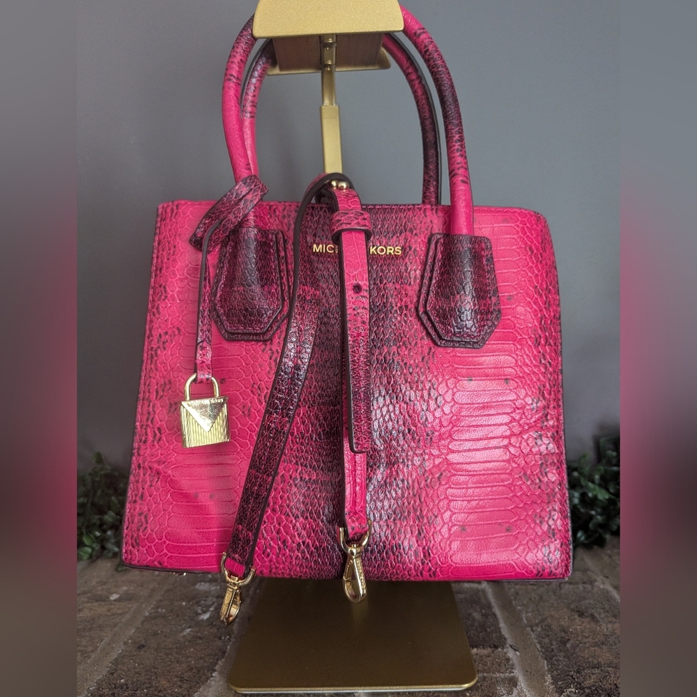 MICHAEL KORS Mercer Hot Pink Python Embossed Leat… - image 2